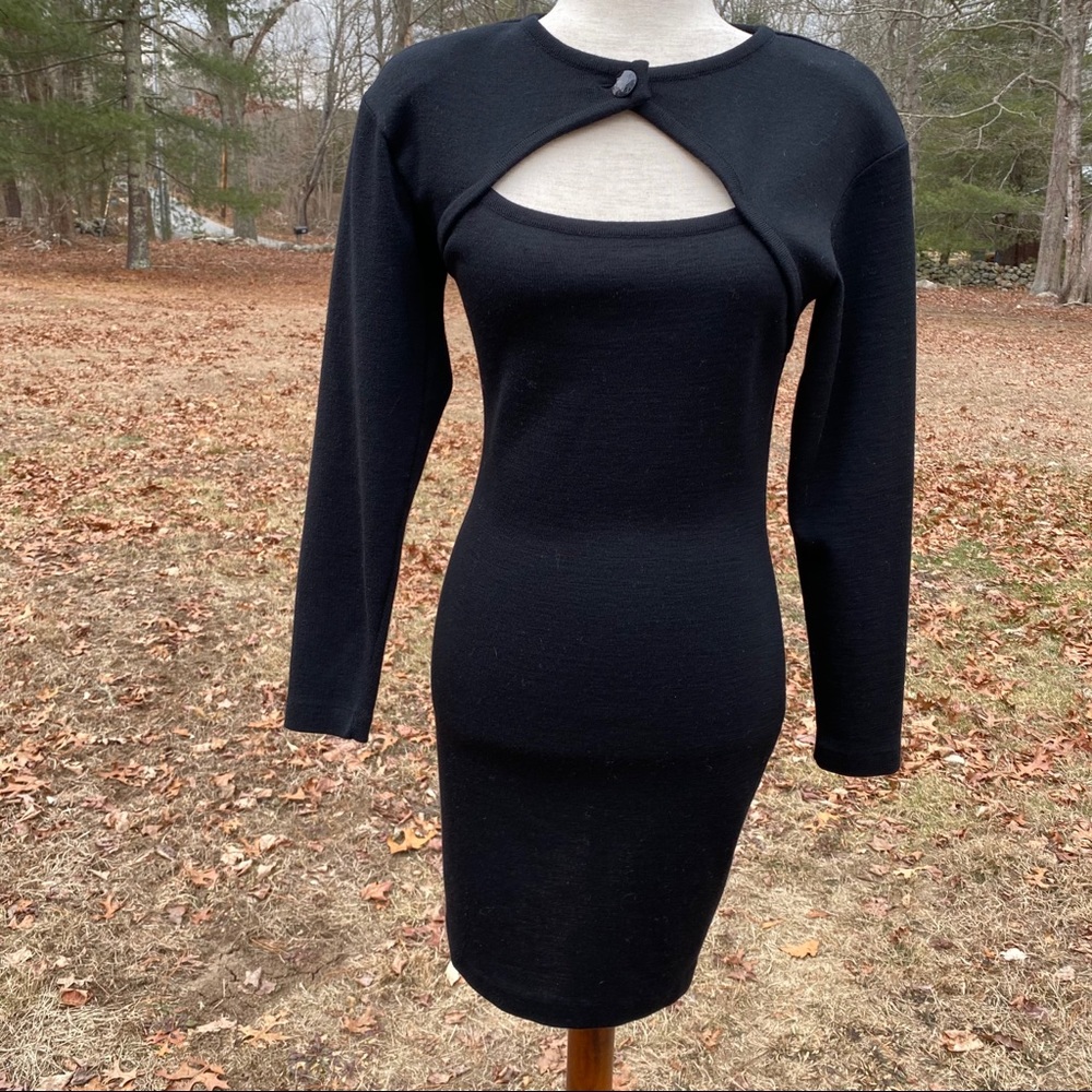 BLOOMINGDALE’S DRESS BLACK WOOL SHEATH VINTAGE LONG SLEEVE Size S (P)